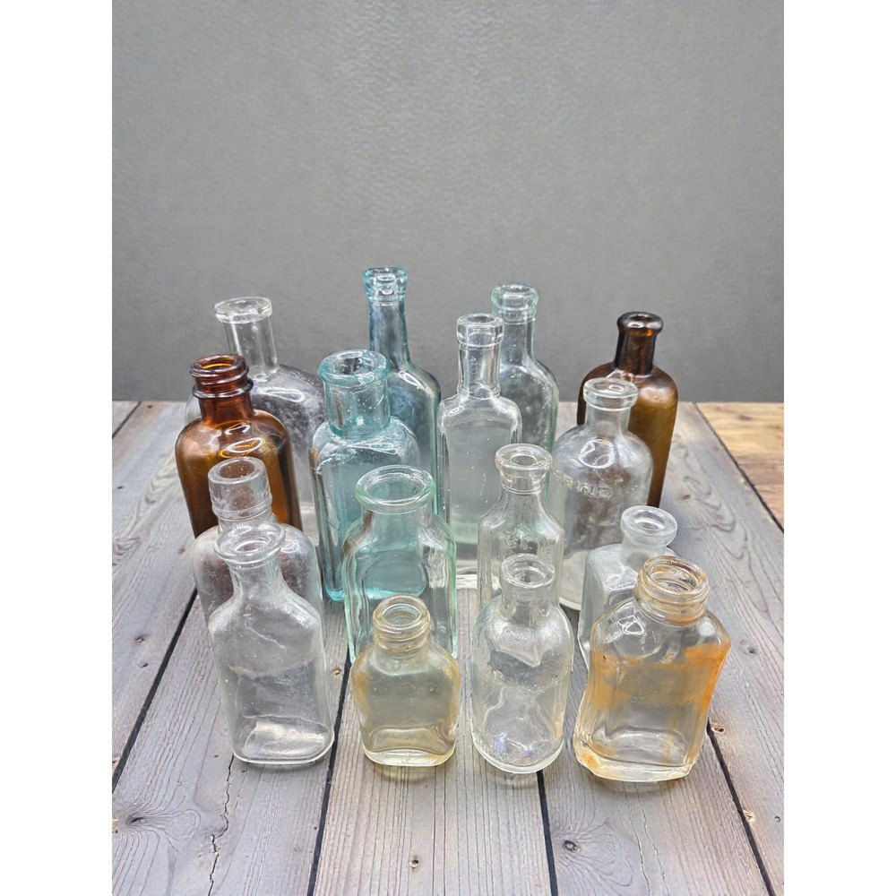 16pc Antique Vintage Glass Bottle Lot Apothecary Medicine Aqua Amber Clear Mix